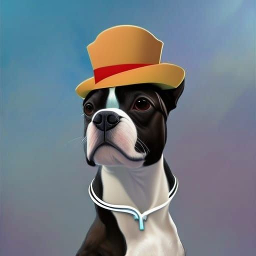 Boston Terrier in Hat on Ocean Liner: Detailed Art