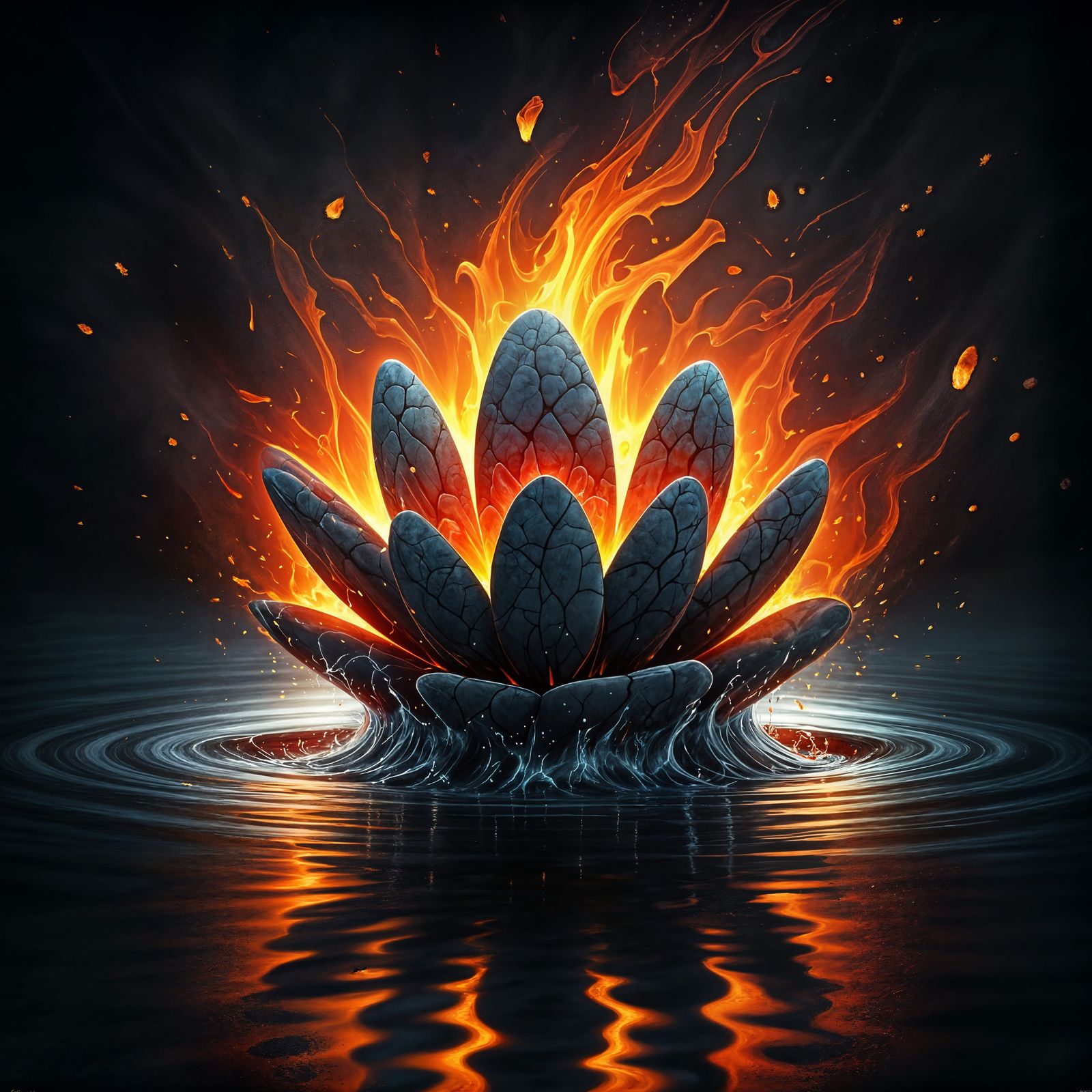 Fiery Stone Flower Crashing into Dark Water