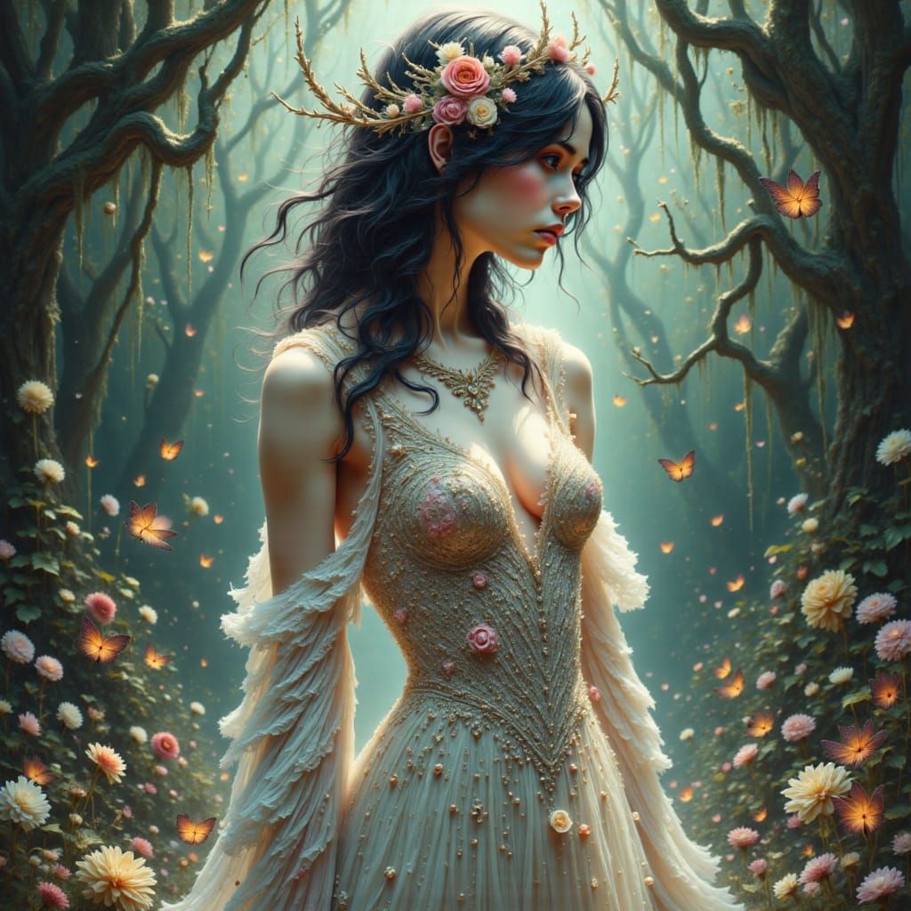 Woman in Lace Dress Amidst Dystopian Chaos