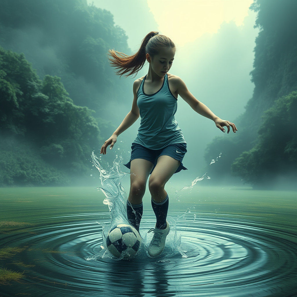 Surreal Soccer Girl Dissolving into Water