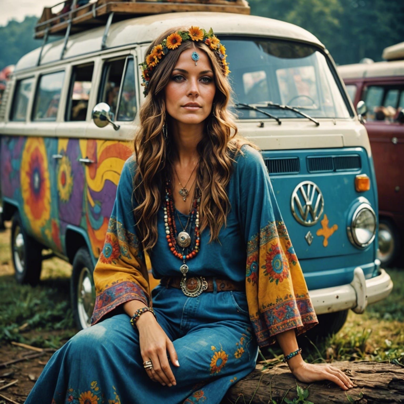 Hippie Woman at Woodstock on VW Van