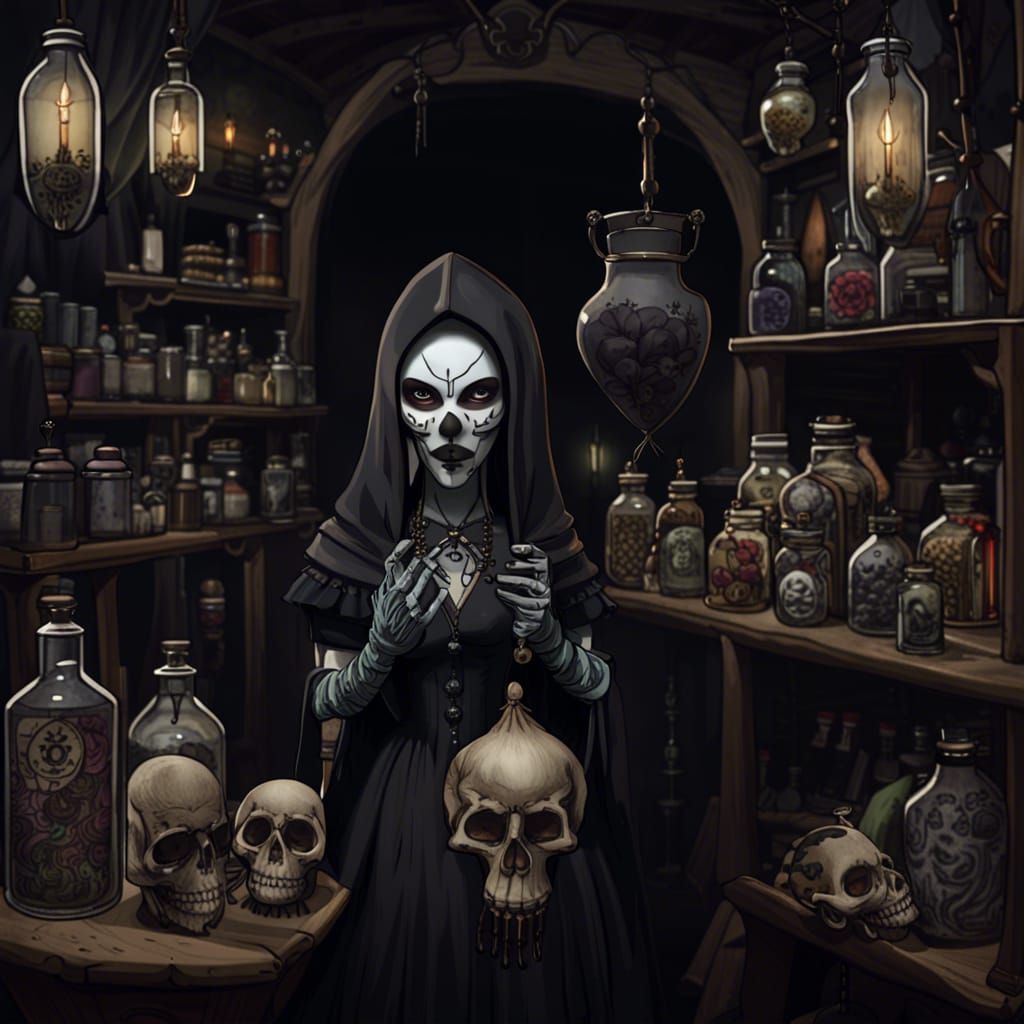 Gothic Bazaar with Skull Mask, Detailed Matte Painting