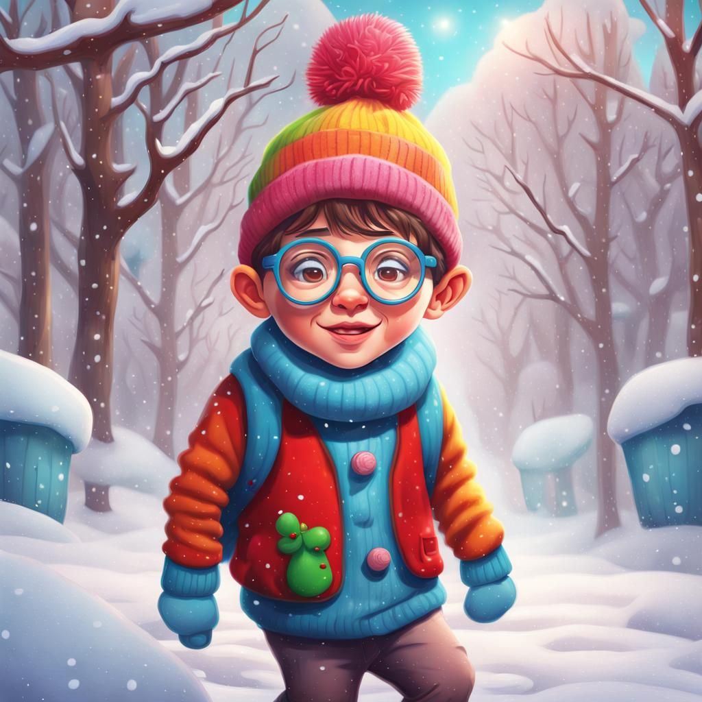 Boy in Snow, Candy Art Style, Digital Illustration