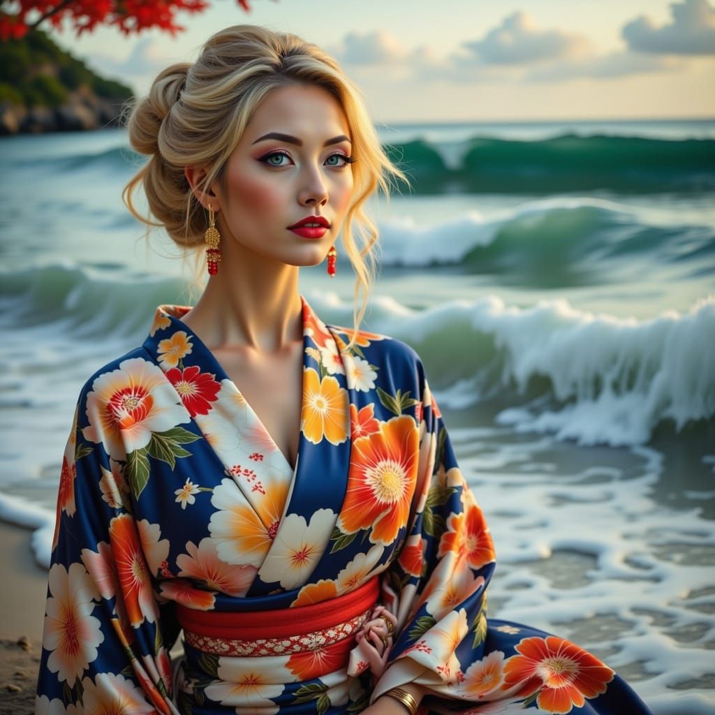 Woman in Kimono by Stormy Sea in East Asian Art