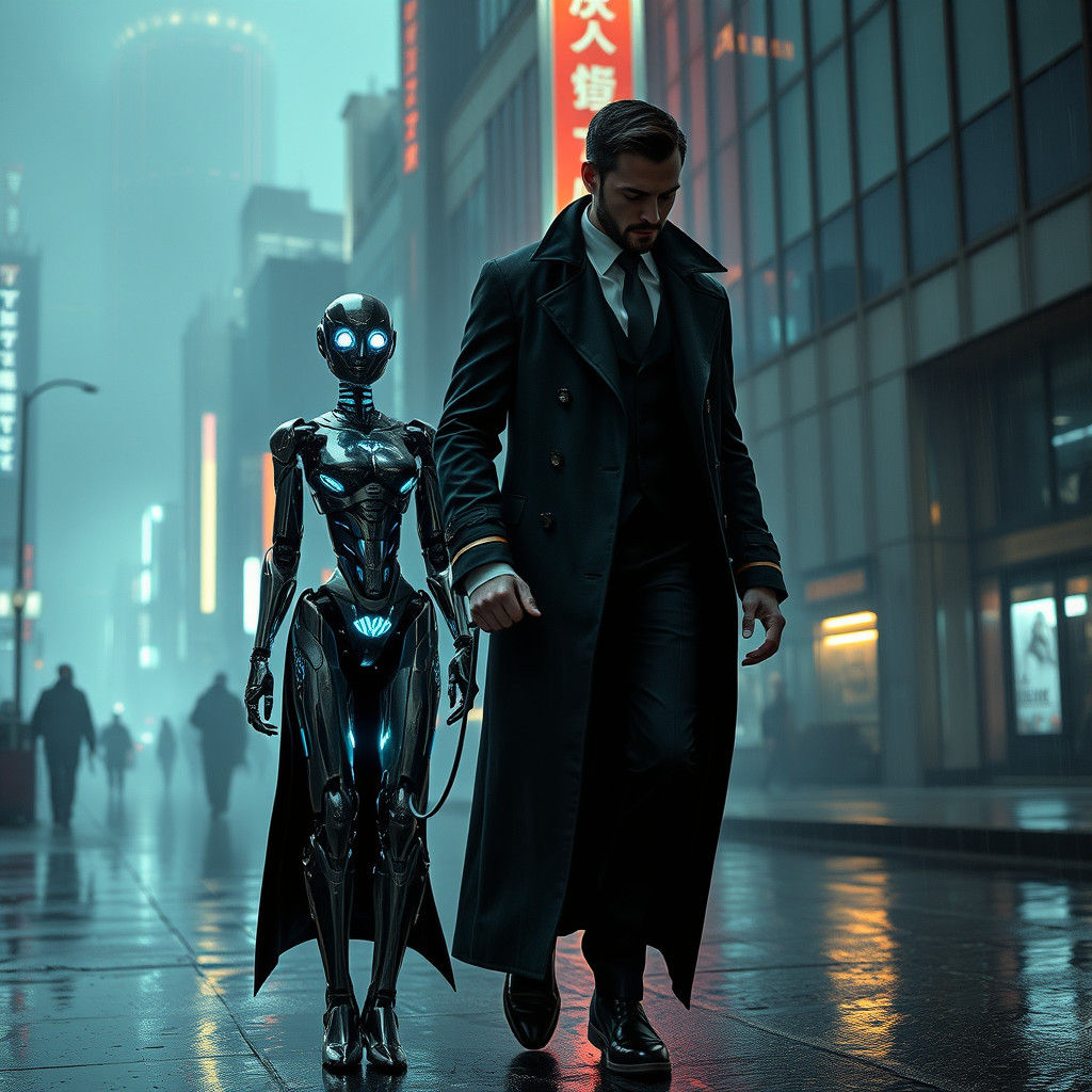 Cyberpunk Man Walks Robot Girlfriend in Dystopian City