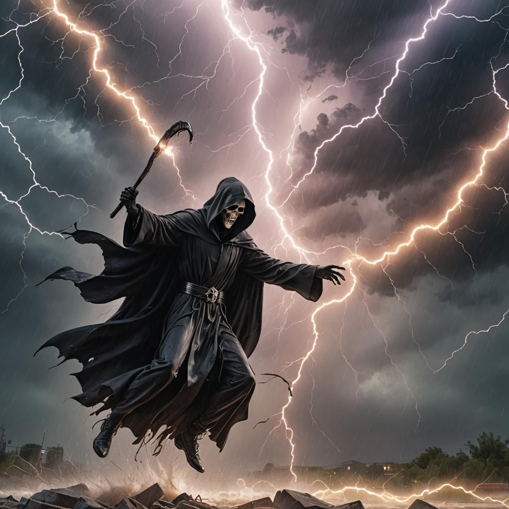 Hyperrealistic Grim Reaper in Electrical Storm