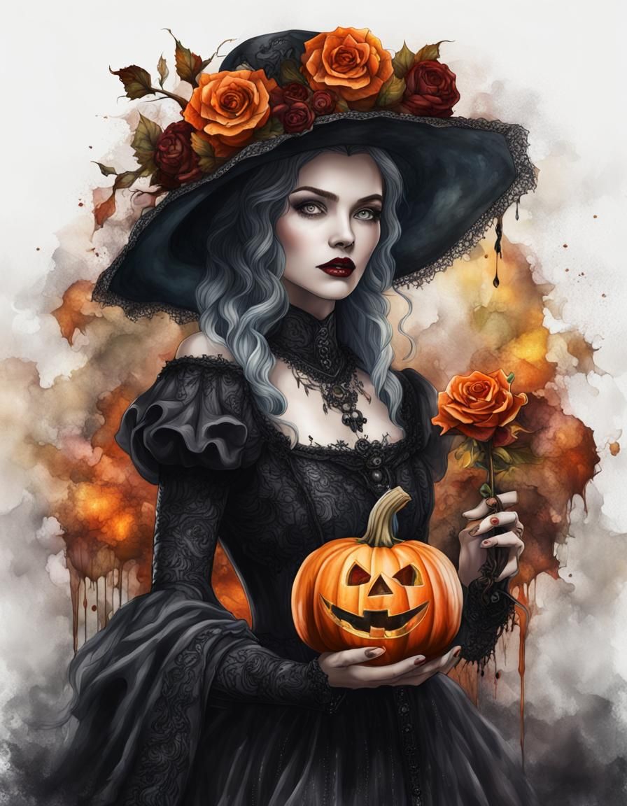 Gothic Woman with Pumpkin and Rose, Alcohol Ink Art