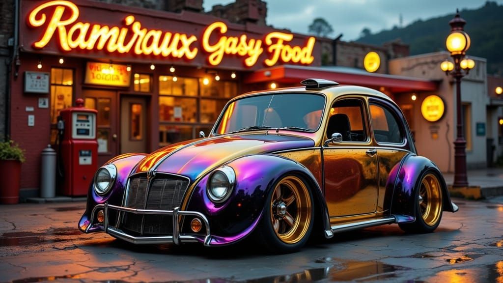 Surreal Art Nouveau Car Dreams in a Retro Gas Station