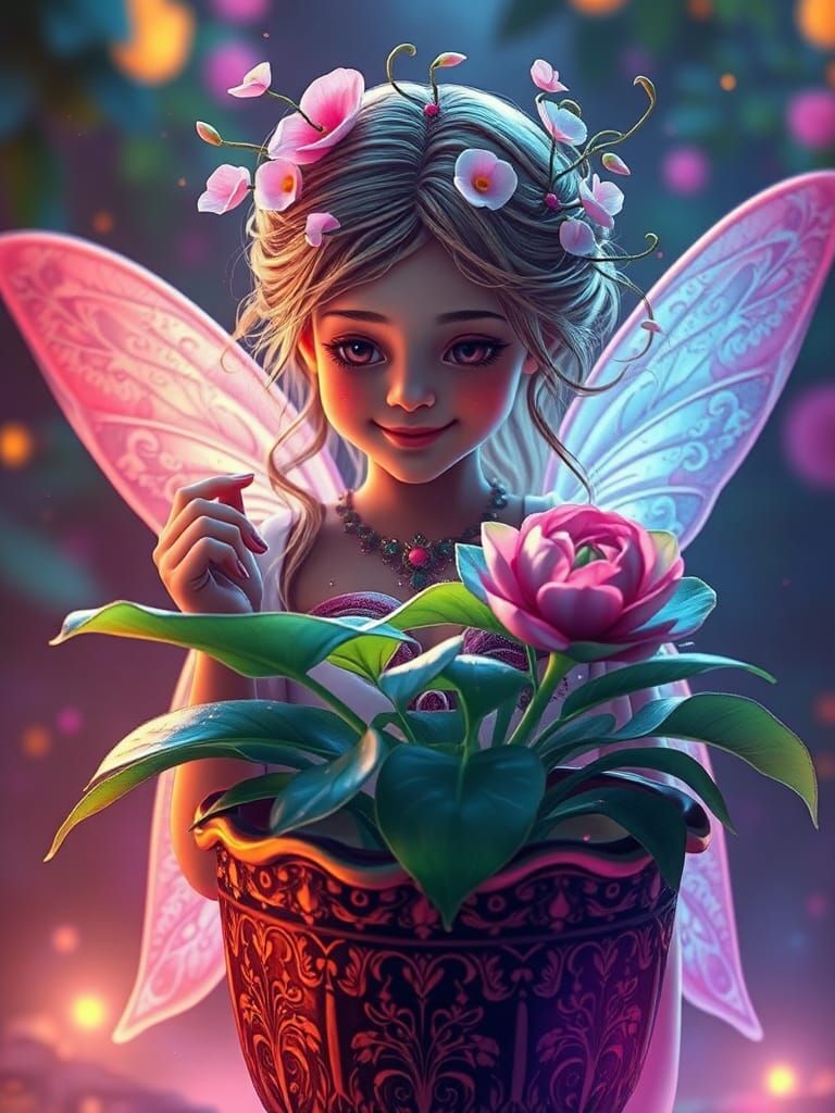 Fairy Girl with Flower in Synthwave Neon Style