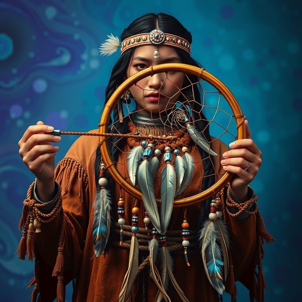 Native American Figure Holding Dream Catcher