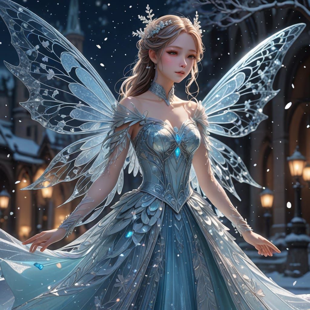 Ethereal Snow Fairy in Whimsical, Iridescent Flight