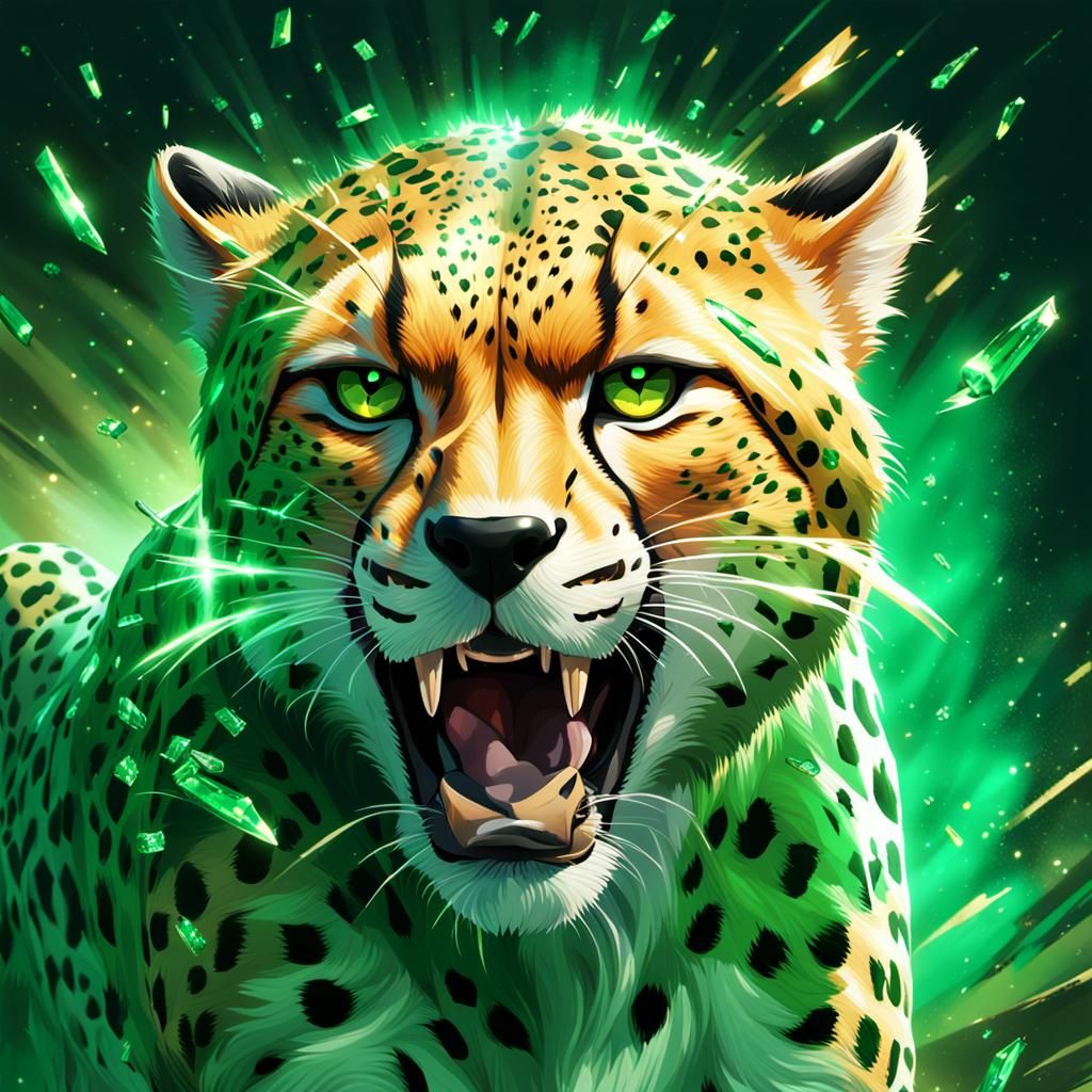 Emerald Cheetah Sprinting Towards Camera: Concept Art