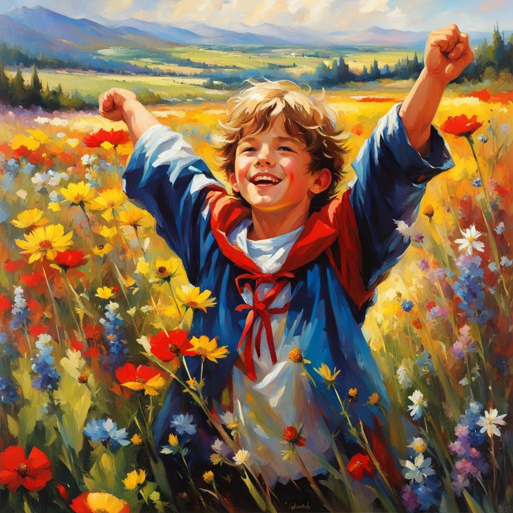 Excited Boy in Wildflower Field, Anime Style