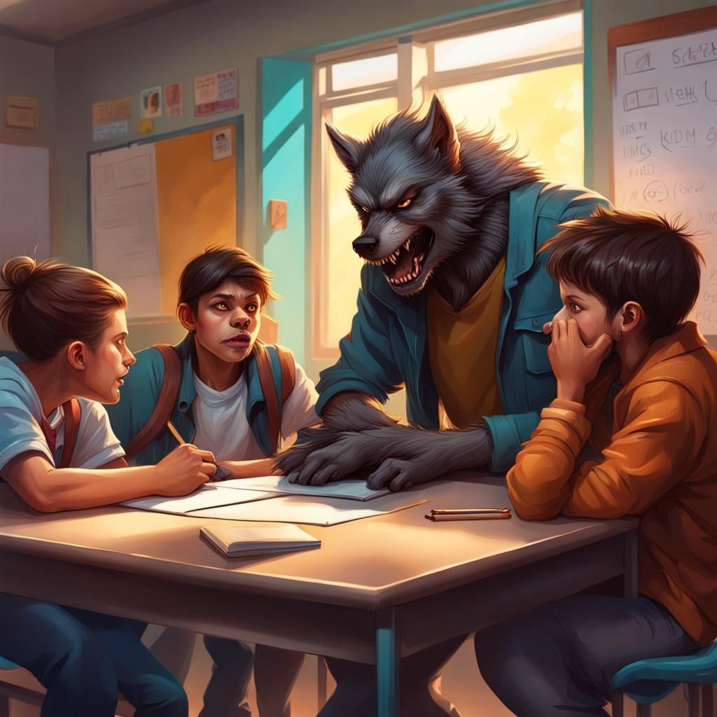 Werewolf Hiding in Class: Hyperrealistic Splash Art