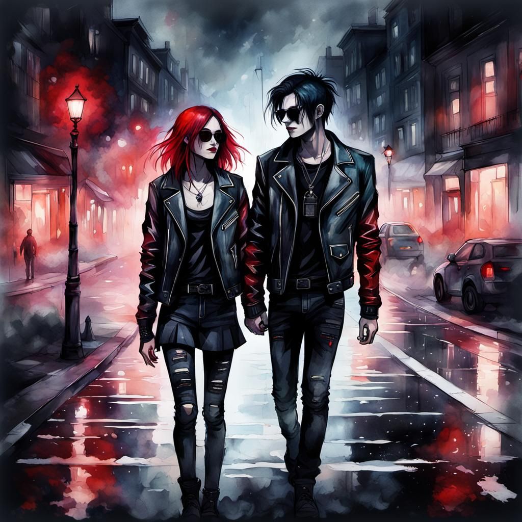 Gothic Emo Couple Strolls through a Moody Urban Night