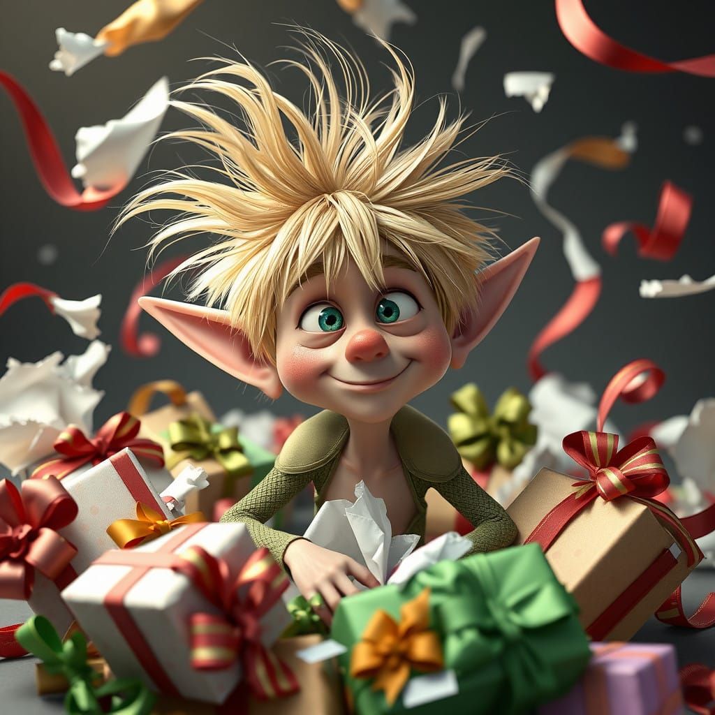 Frazzled Elf Surrounded by Messy Wrapping Paper Chaos