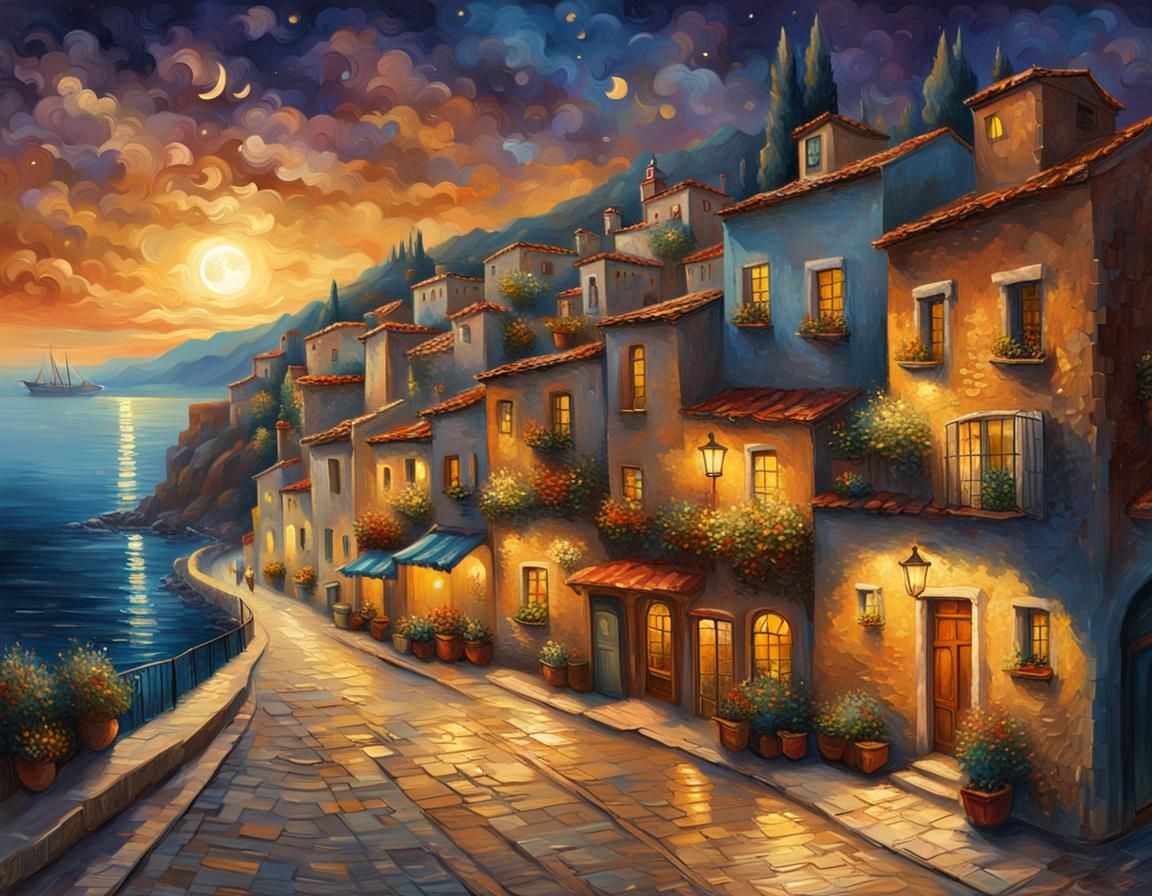 Mediterranean Town Street at Dusk: Impasto Acrylic Art