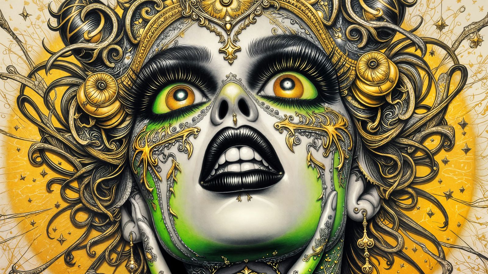 Elegant Lady in Gold Foil with Intricate Tattoos