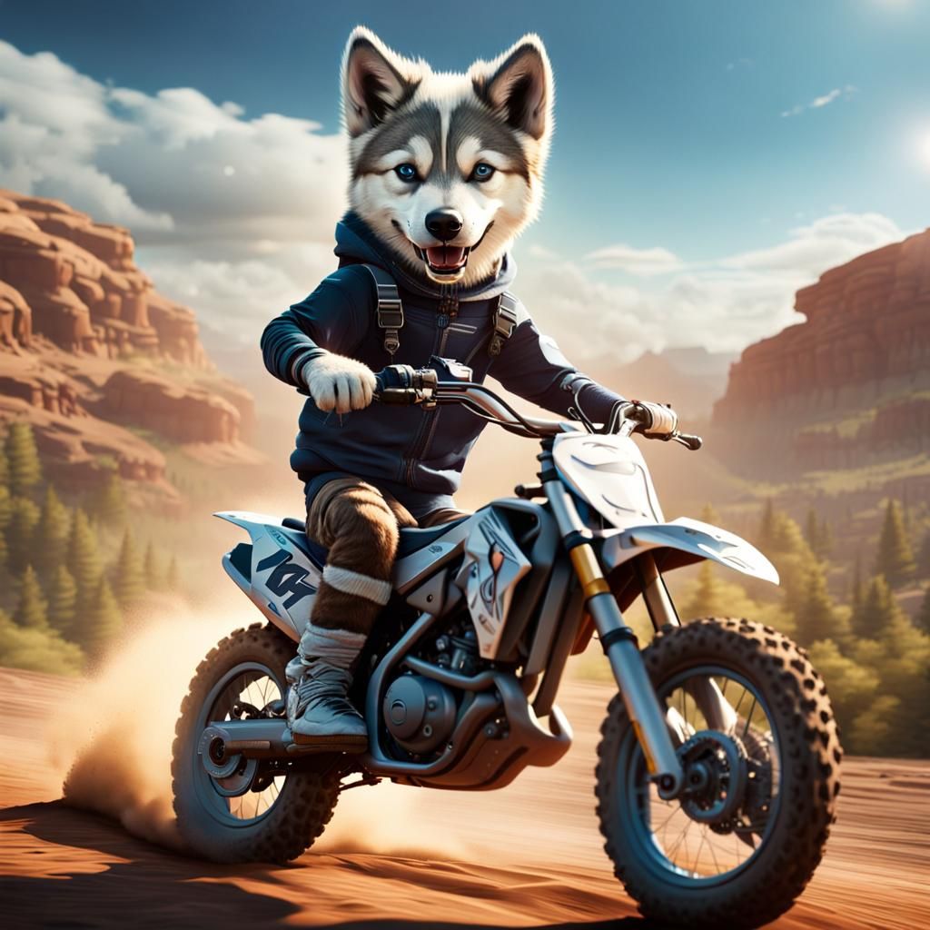 Puppy Wolf Rides Dirt Bike in Futuristic World