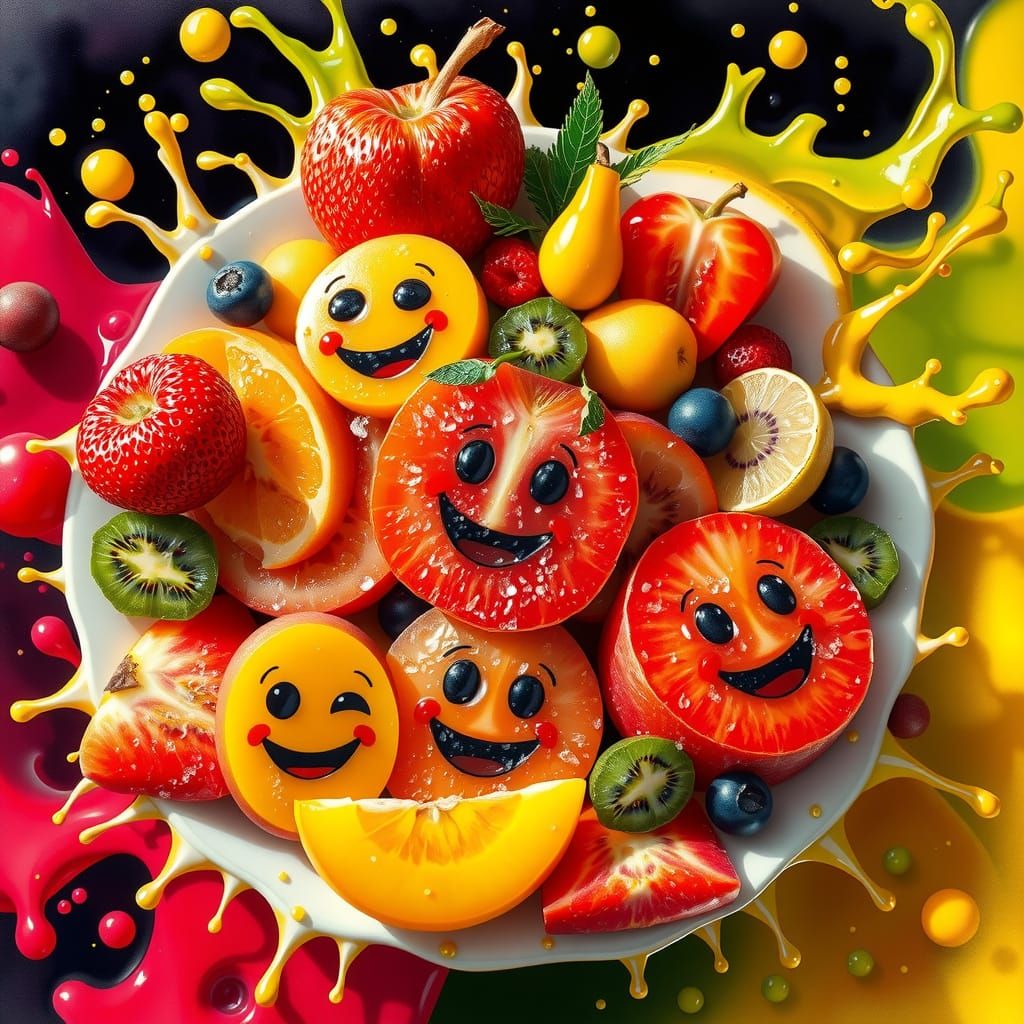 Surreal Fruit Salad with Smiling Faces