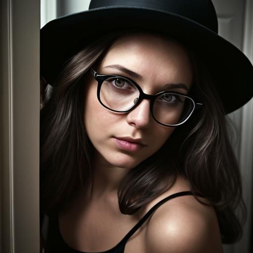 Dramatic Brunette Portrait with Fedora and Glasses