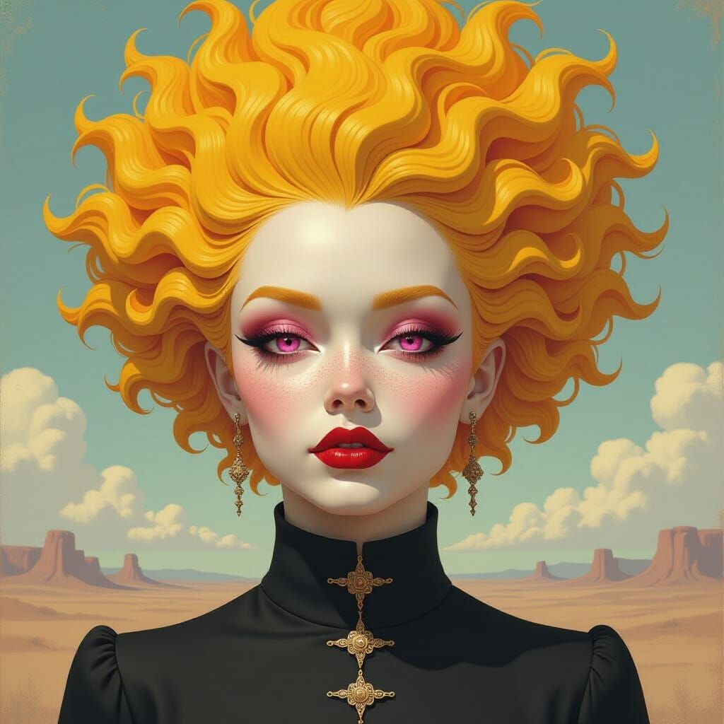 Surreal Alien Portrait with Frizzy Hair and Bold Colors