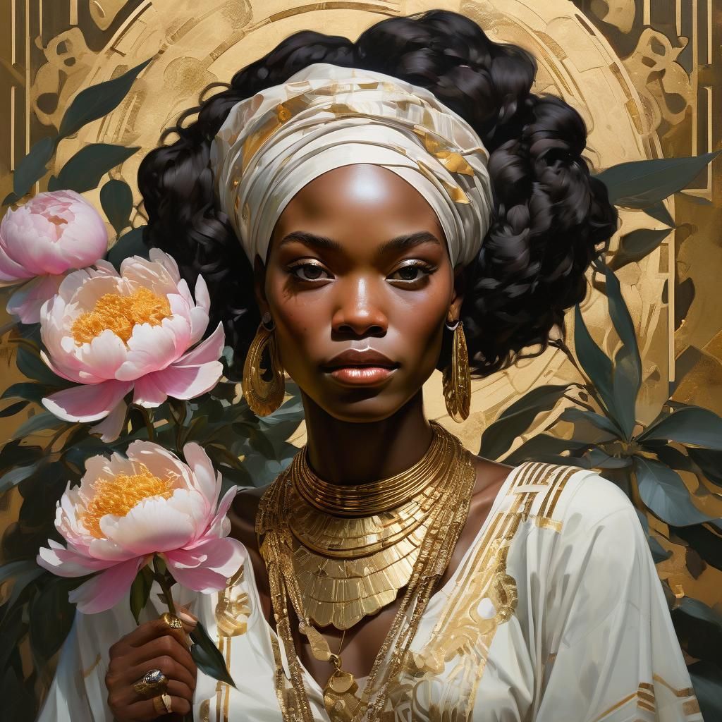 Elegant African Woman with Peonies in Afrofuturism Style