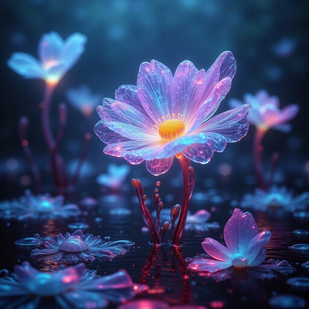 Glowing Glass Flowers Emerge from Mystical Swamp Water