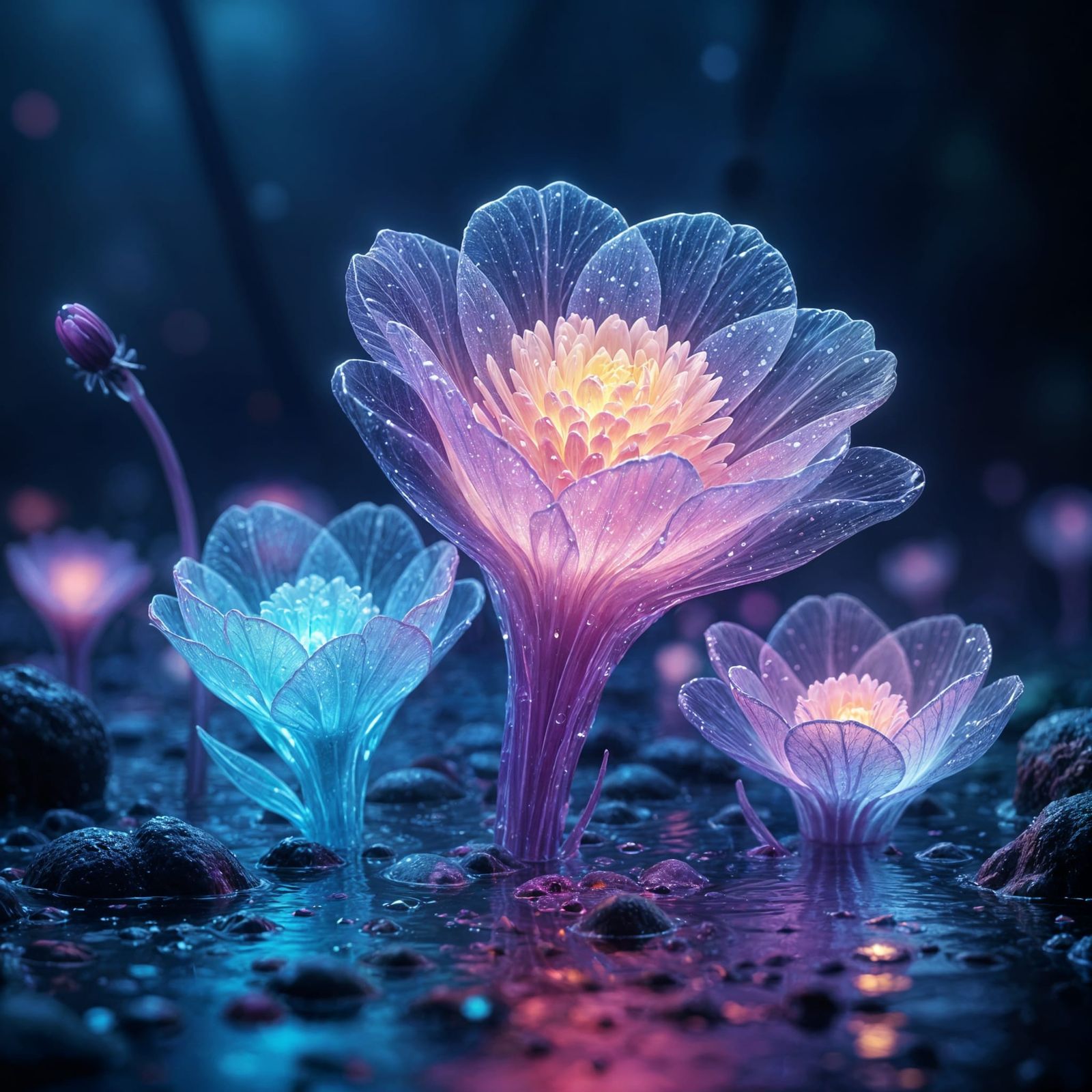 Glowing Glass Flowers in Mystical Swamp