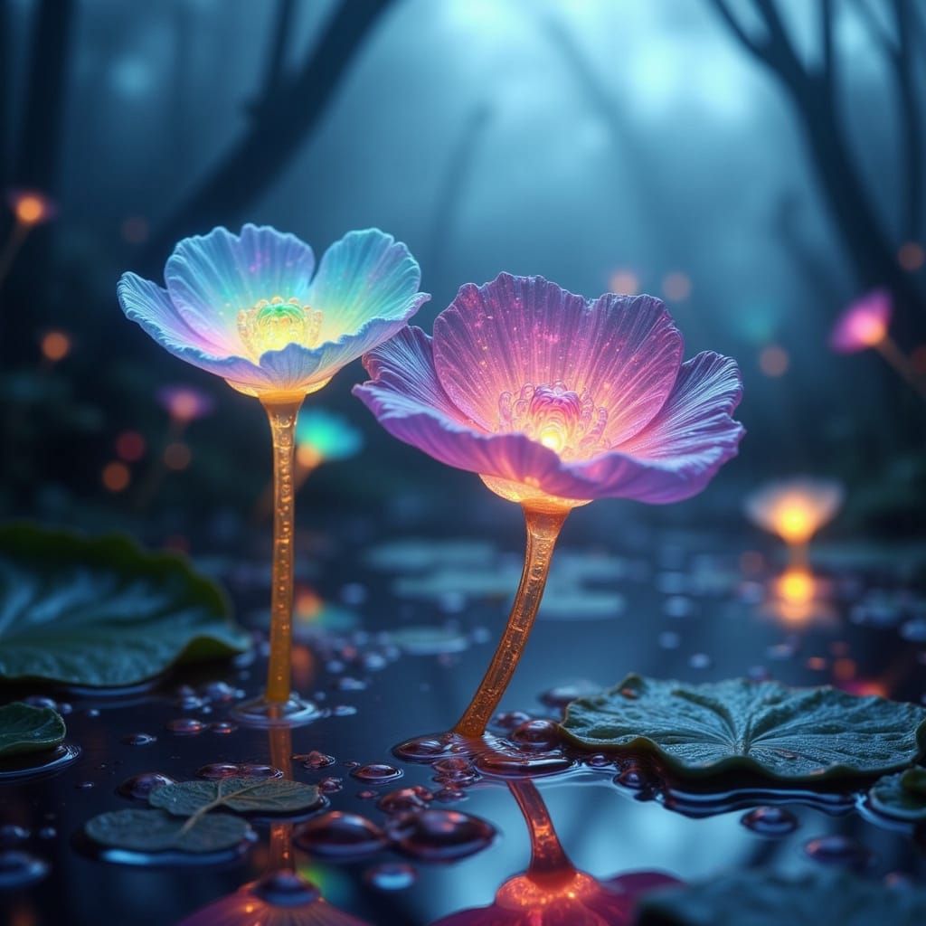 Glowing Glass Flowers in Misty Swamp
