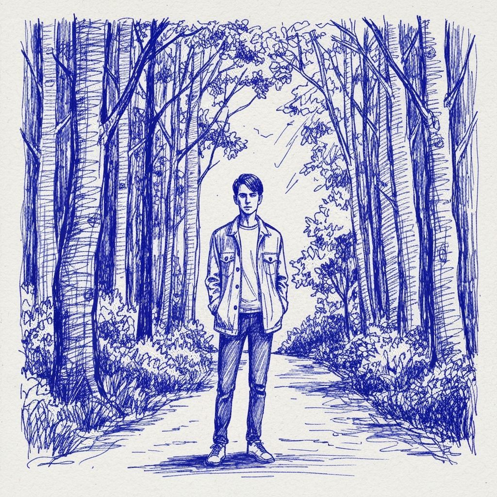 Blue biro doodle of a young man standing on a forest path
