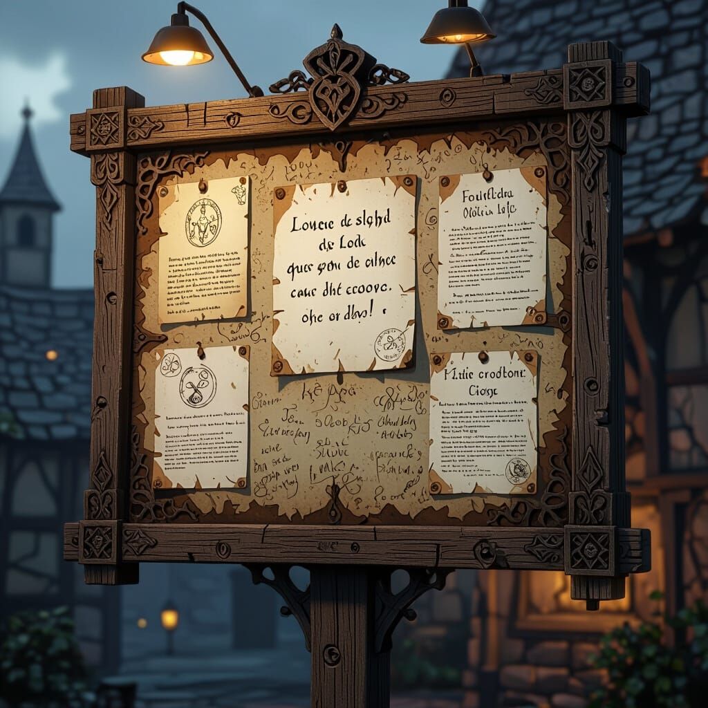 Medieval Fantasy Billboard with Notes in Concept Art Style