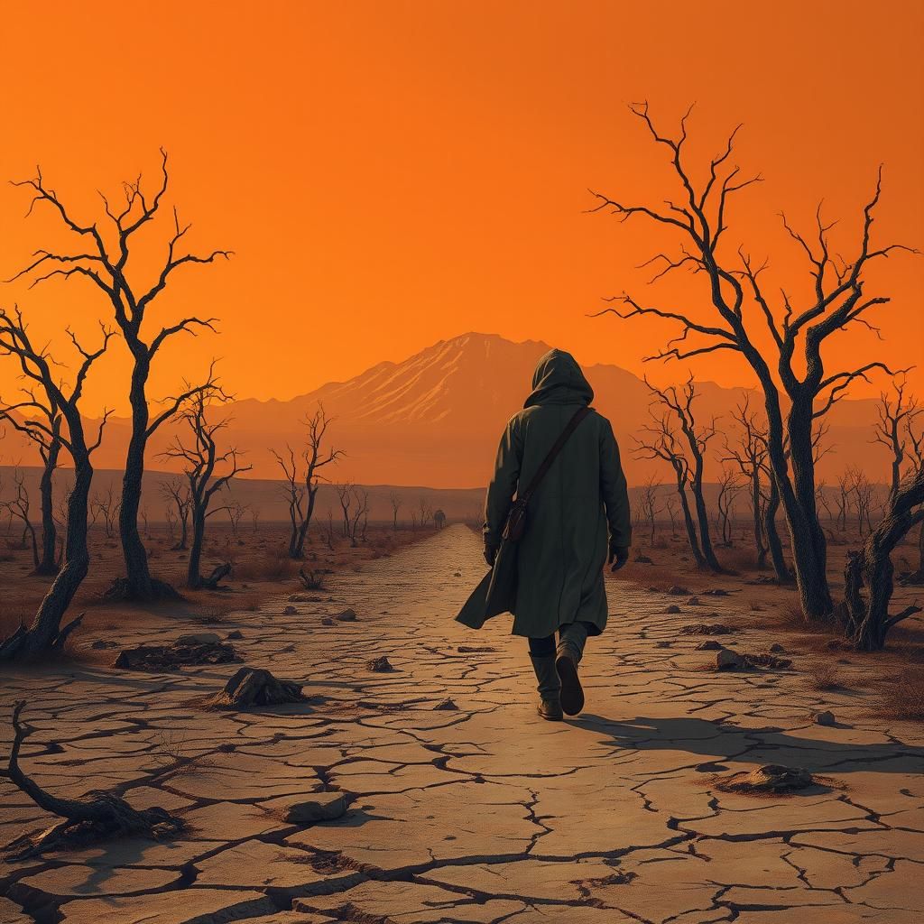 Traveler in Arid Landscape: Surreal Cinematic Vista