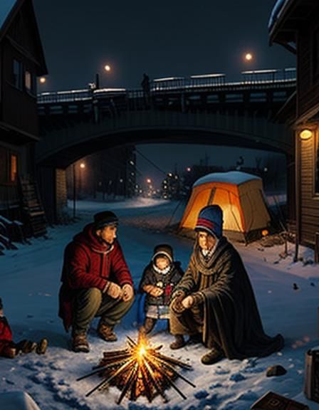 Homeless Family's Campfire under Snowy City Bridge