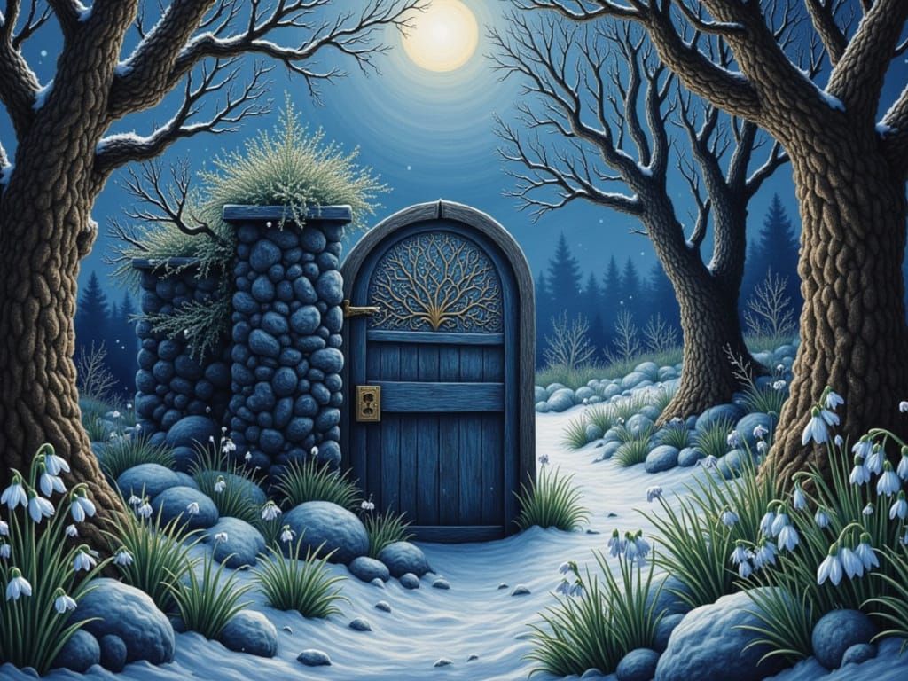 Enchanted Garden Gate Opens to Snowdrops in Midnight Winter ...