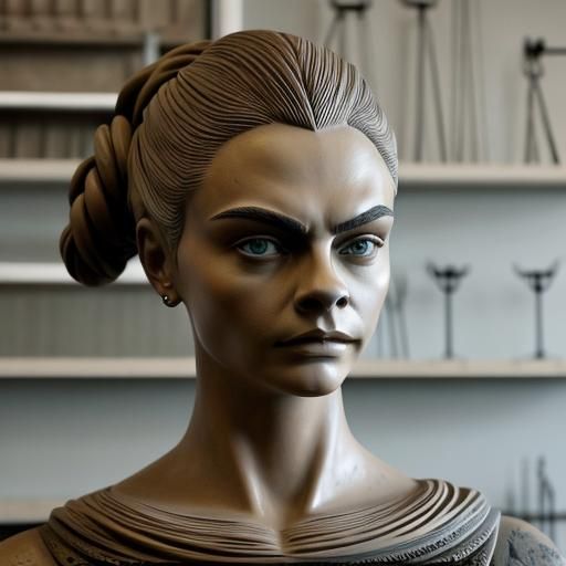 Cara Delevingne with Unfinished Clay Bust Sculpture