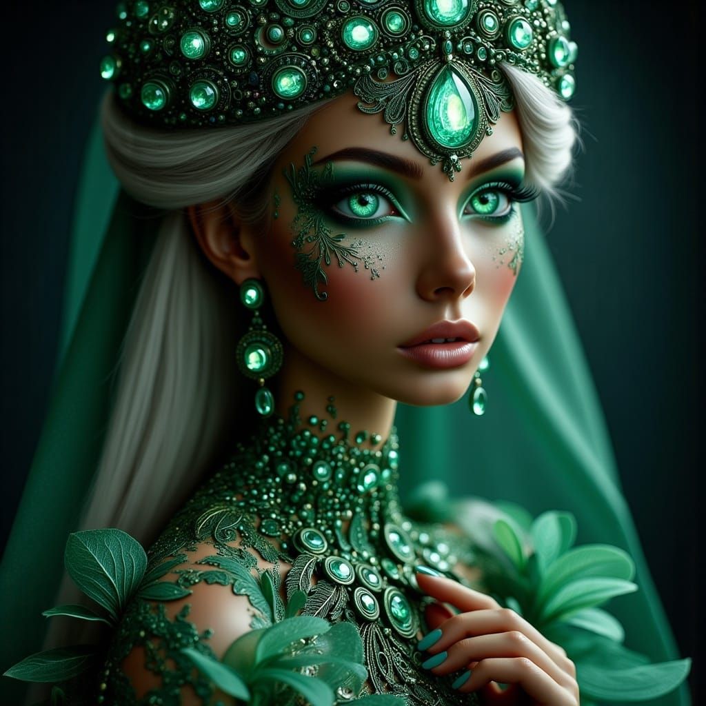 Green-Eyed Alien Goddess with Luminescent Eyes