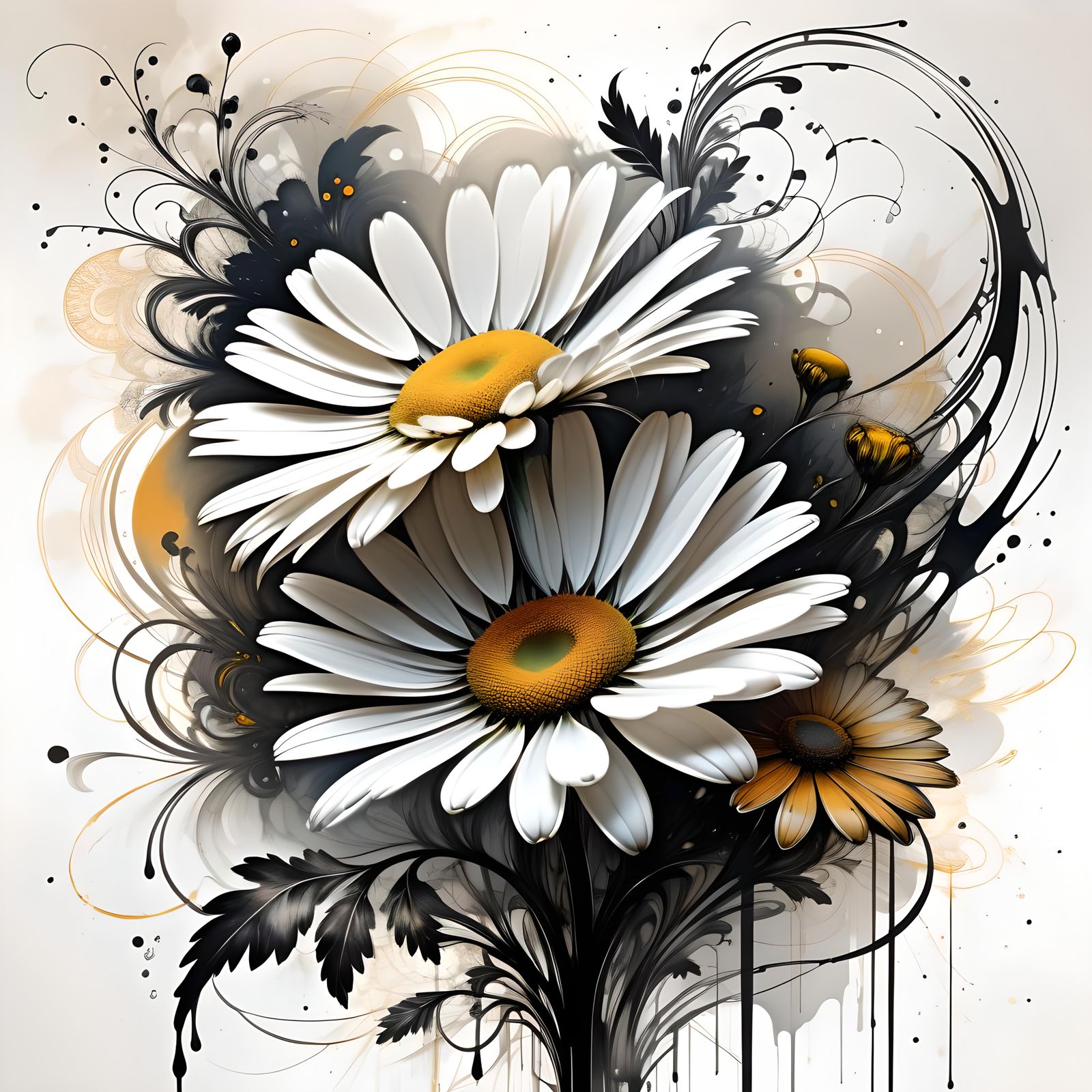 Ink Fractal Daisies in Botanical Fantasy Art