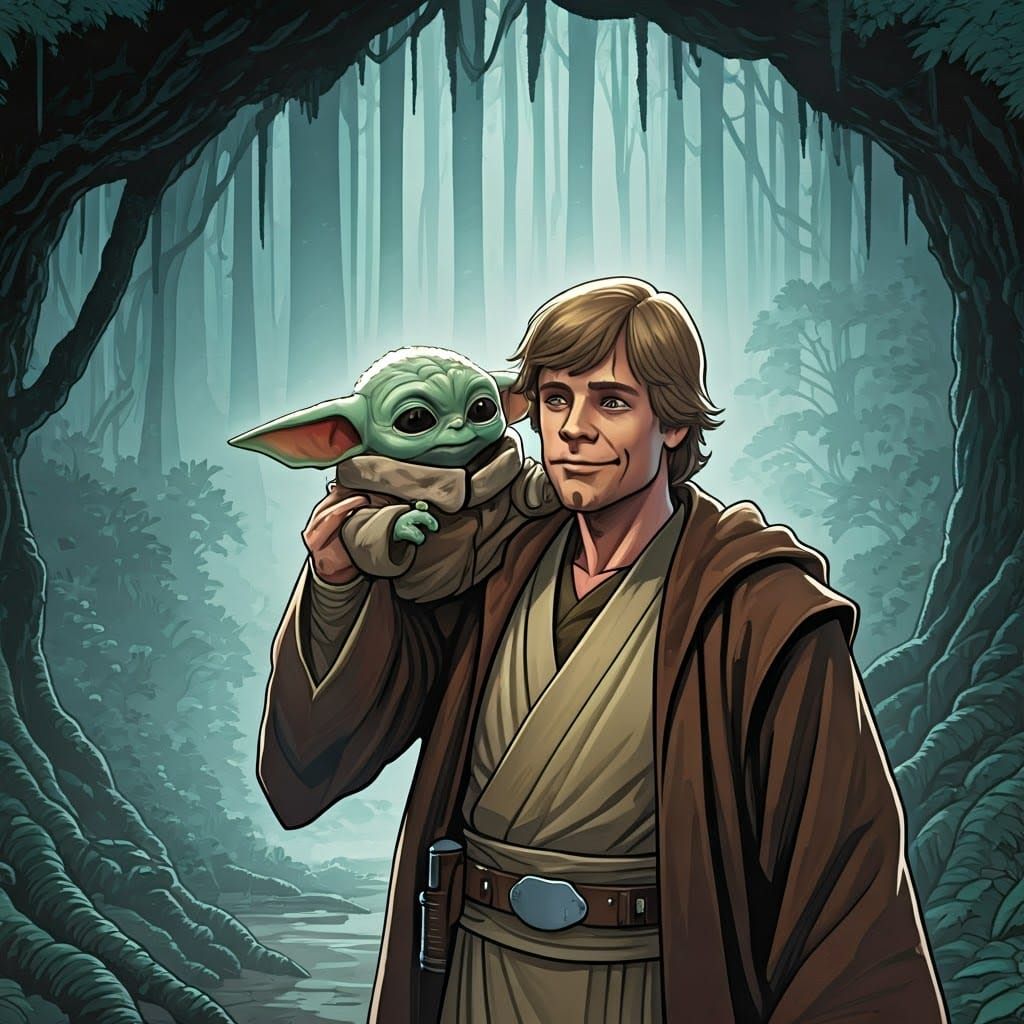 Grogu and Luke Skywalker in Comic Book Style