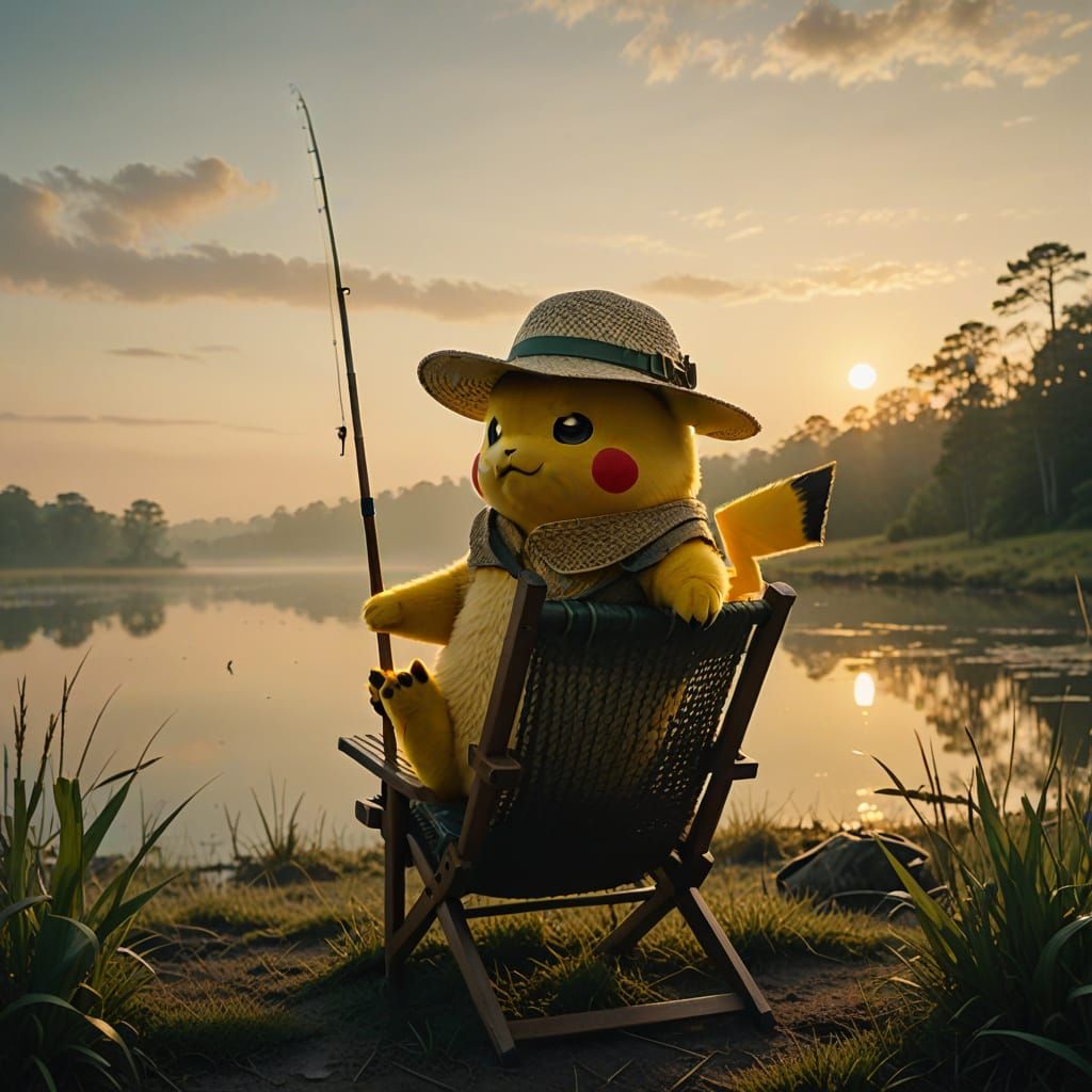 Pikachu in a Rustic Fishing Scene