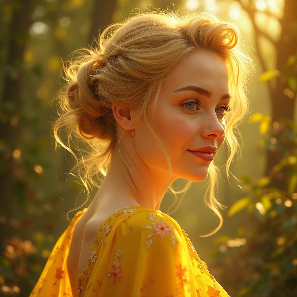 Elegant Woman in Lemon Dress, Art Nouveau Style