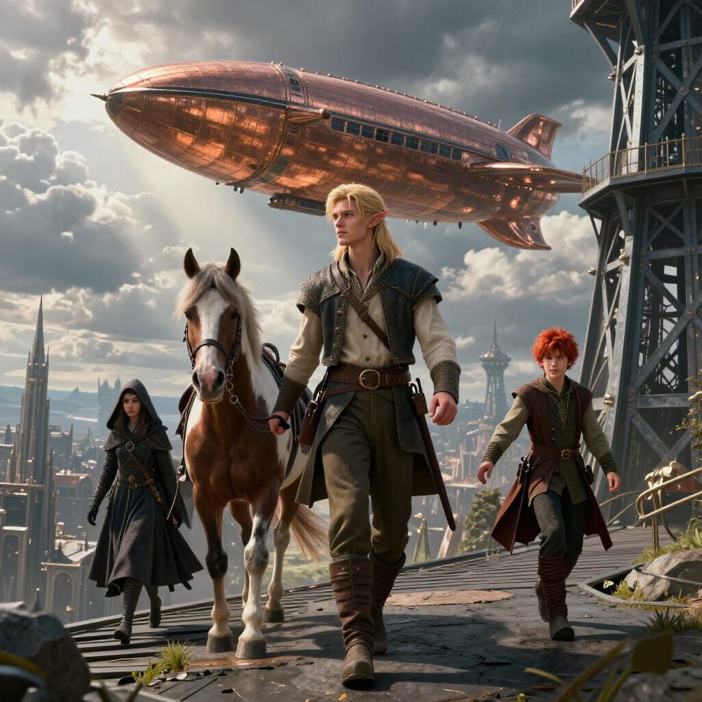 Epic Fantasy Cityscape with Elves and Airship
