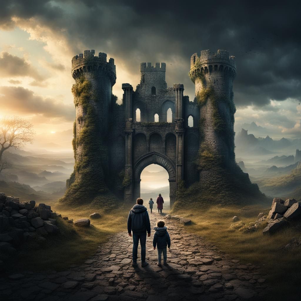 Family Gaze at Ruins in Dramatic Digital Painting