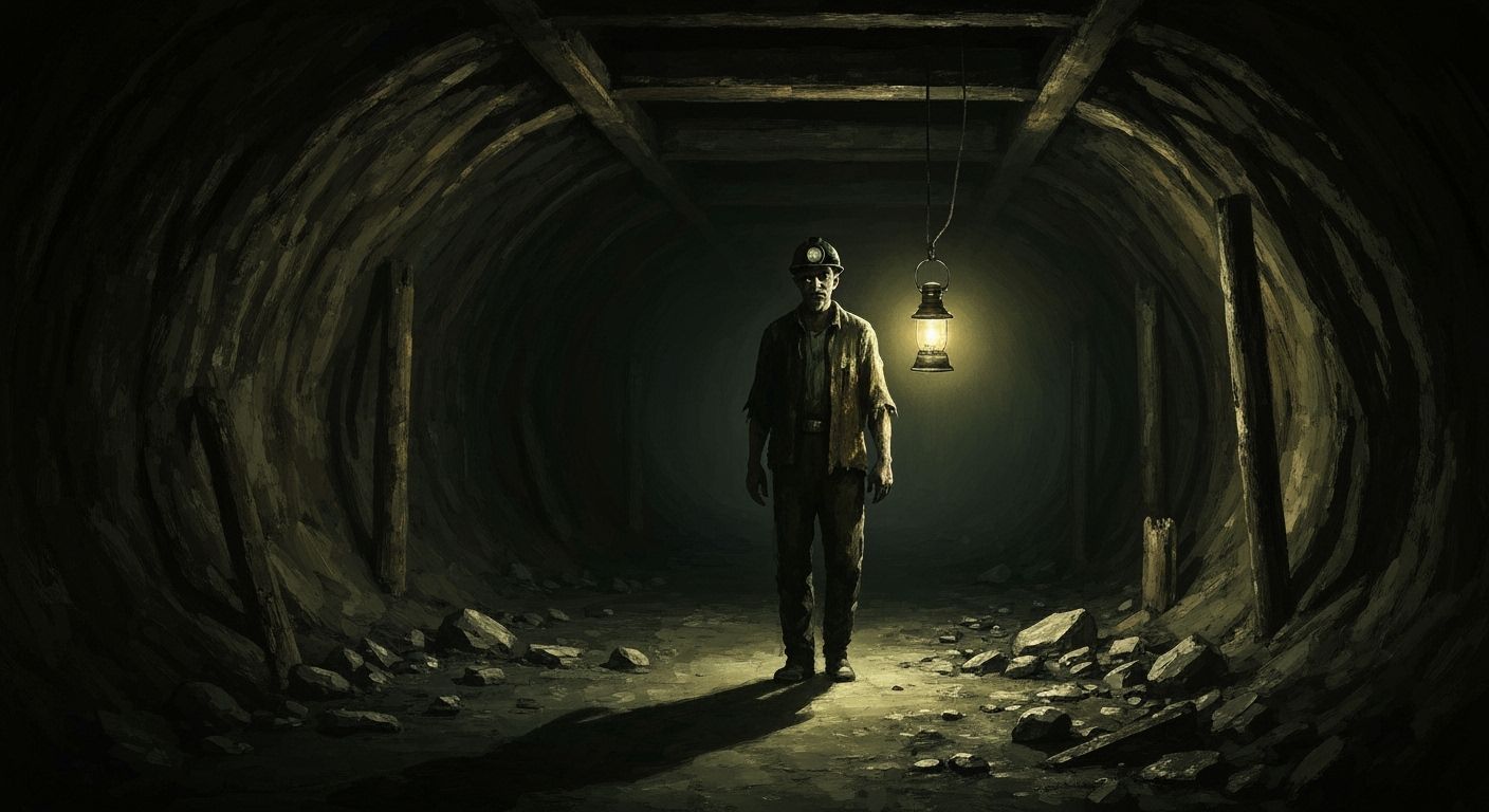 Ghostly Miner Haunts Dark Coal Shafts in Impressionist Style
