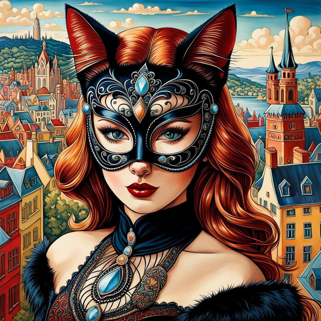 (((Black cat  Mask for a reddish beautiful female))).  Zenta...