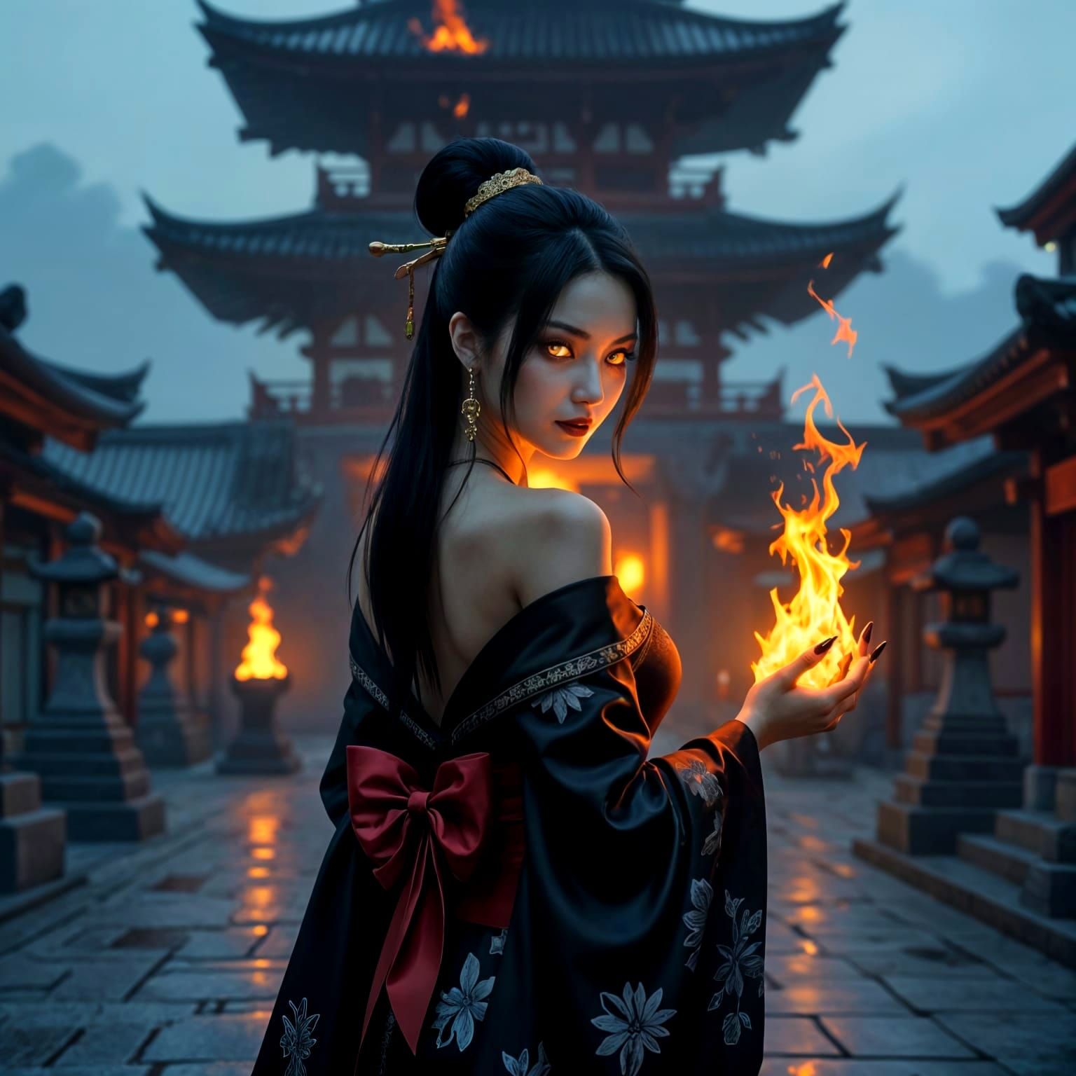 Sinister Woman Walks From Burning Temple, Digital Art