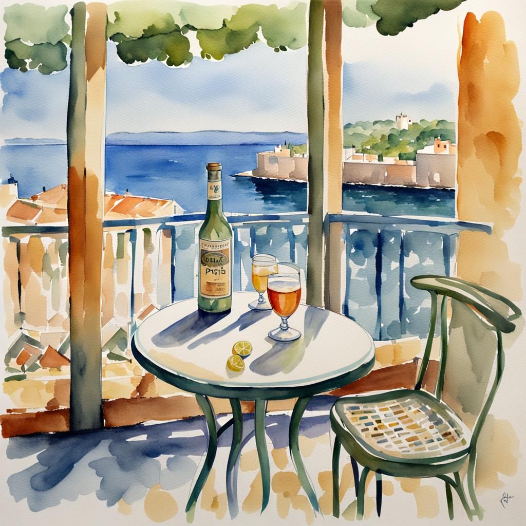 Pastis on a Terrace with Sea View, Watercolor