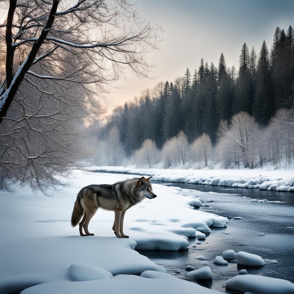 Wolf on a Frozen Winter Riverbank