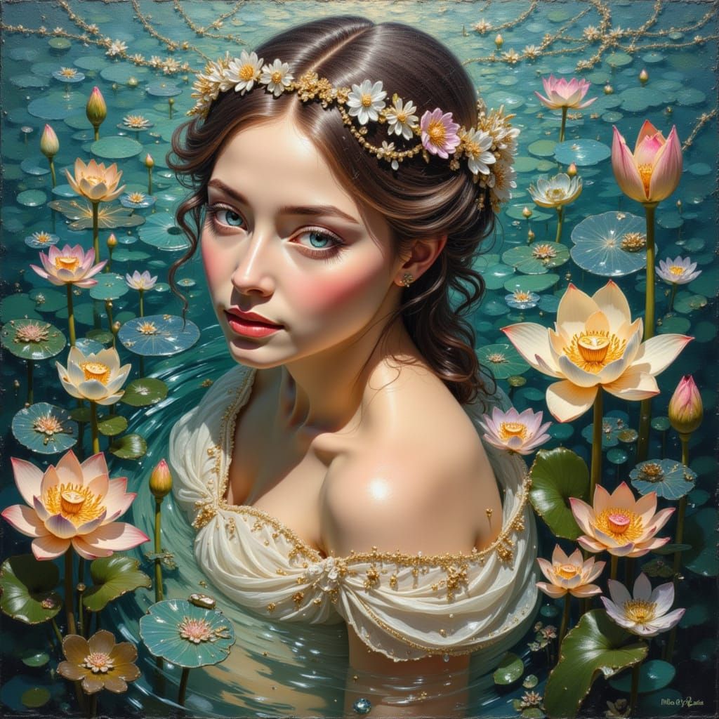 Opalescent Impasto: Porcelain Woman in Wildflower River