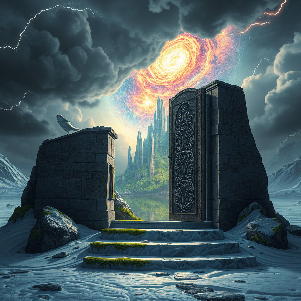 Majestic Stone Doorway on Frozen Planet in Sci-Fi Style
